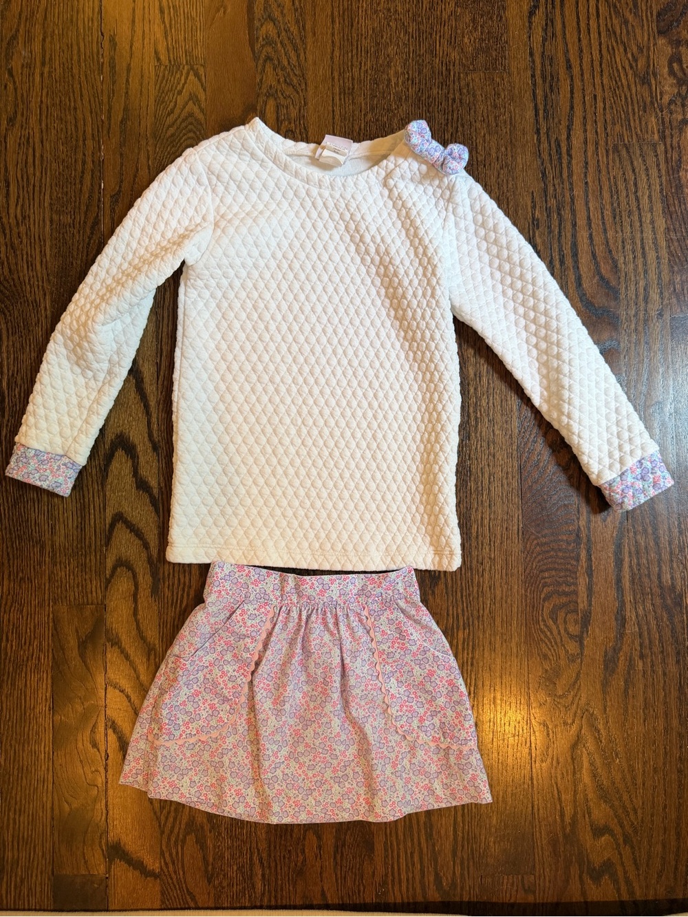 Kids Quilted Cream Top & Pink Floral Skirt Matching Set